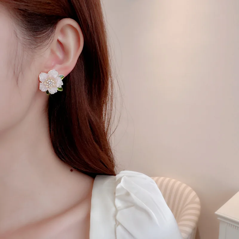 Deliciated Purple Crystal Camellia Flower Stud Earrings for Daily Wear image 4