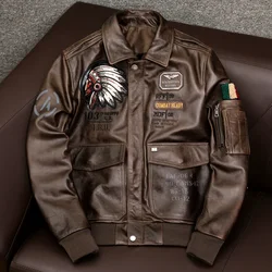 Air Force Flight A2 Pilot Indian Cow Leather Motorcycle Brown Jacket 100% Cowhide Men's Aviator Jacket Bomber Male Clothing