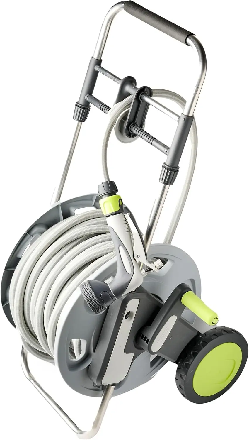 

Hose Reel Cart with 100 Ft, 5/8 Inches Water Hose and Nozzle - Portable Metal Waterhose Holder for Outside with Wheels