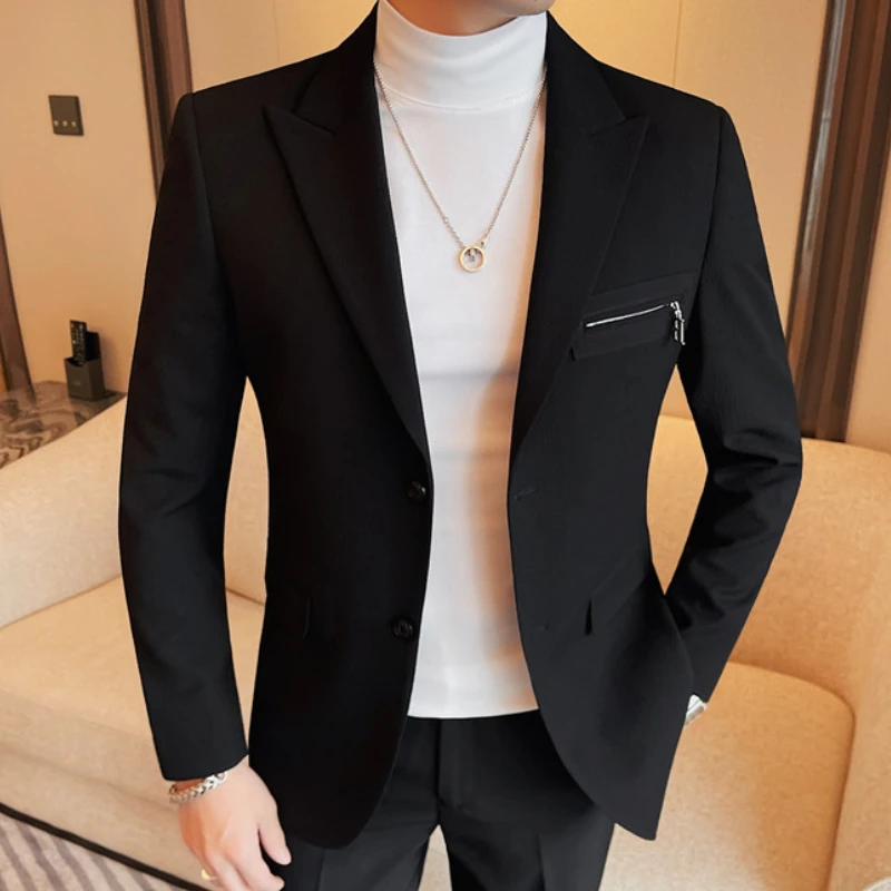 Luxury Business Blazers Men\'s Zipper Design Slim Fit Casual Office Social Suit Blazer Banquet Party Wedding Groom Dress Coat