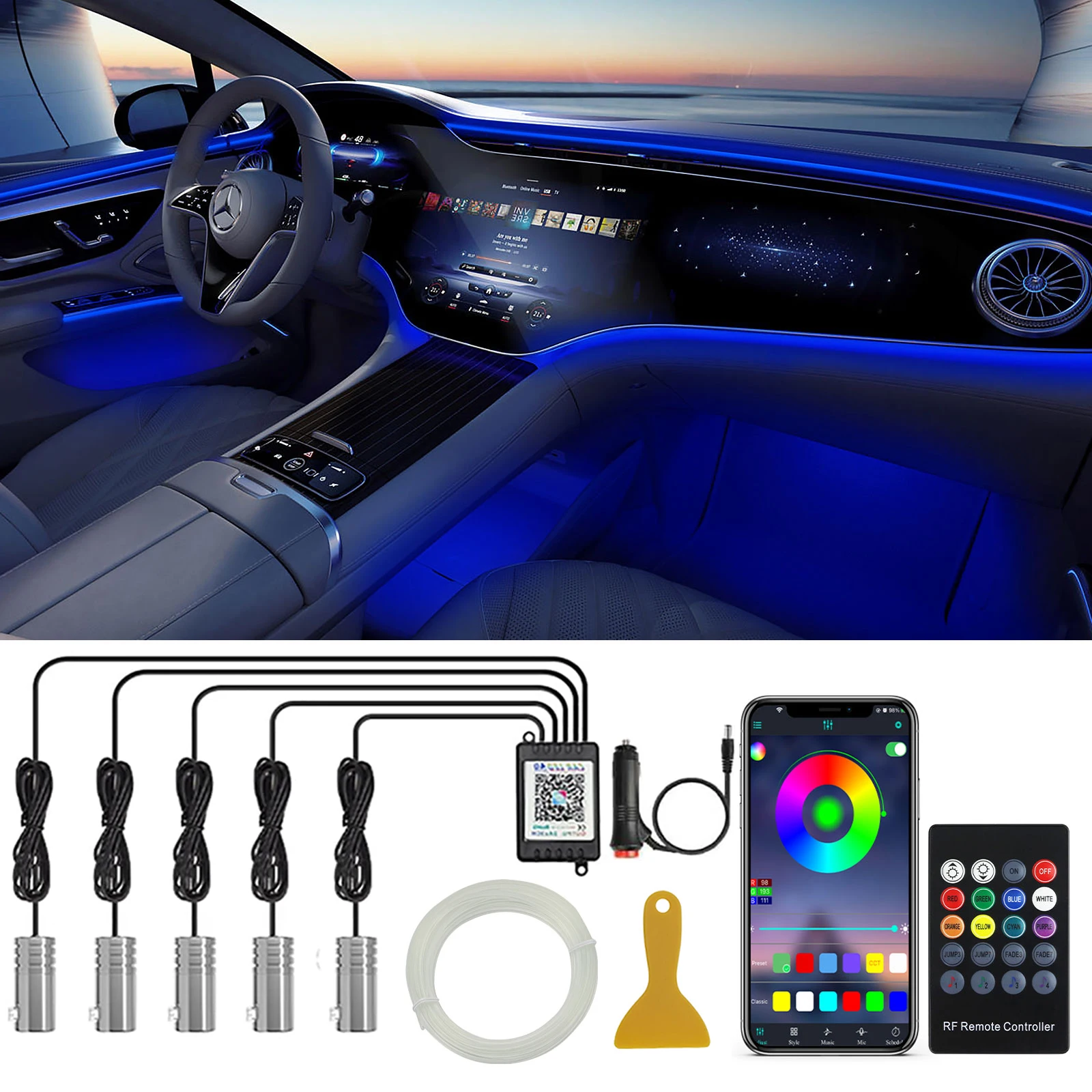 

LED Car Interior Ambient Strip Lights RGB Fiber Optic Atmosphere Neon Lighting Kit APP Rremote Controller Auto Decorative Lamp
