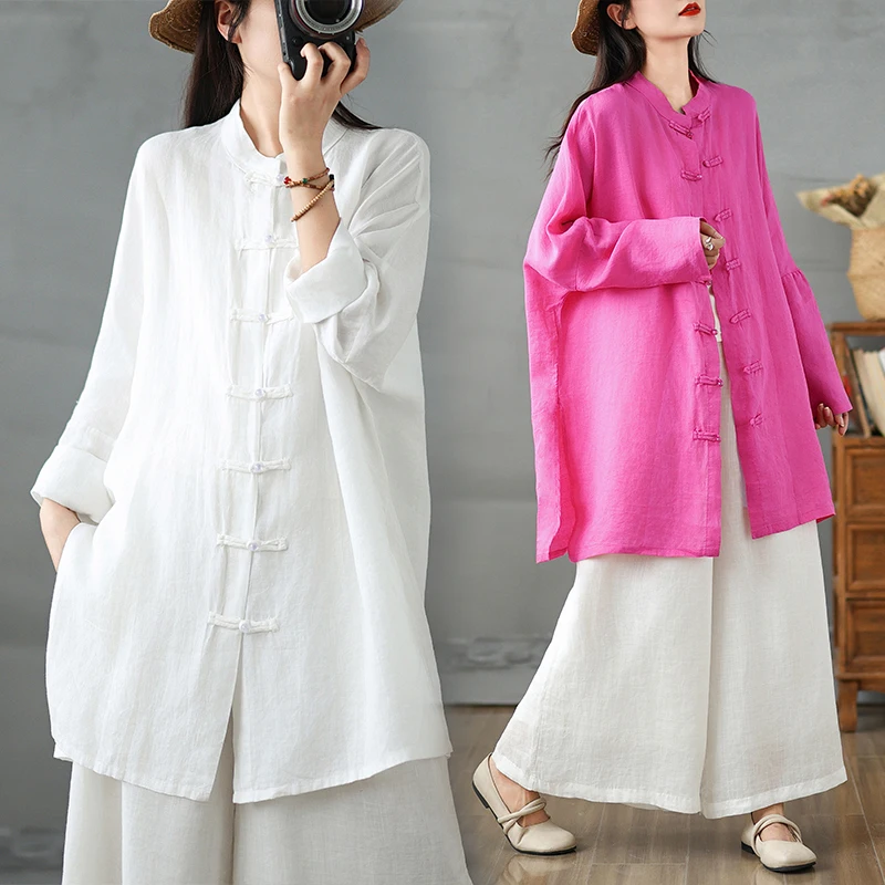 

Loose Fit Linen irt Long Sve Stand Collar mid Length Coat for Women plus Size Autumn Sun Protection Cardigan Outerwear