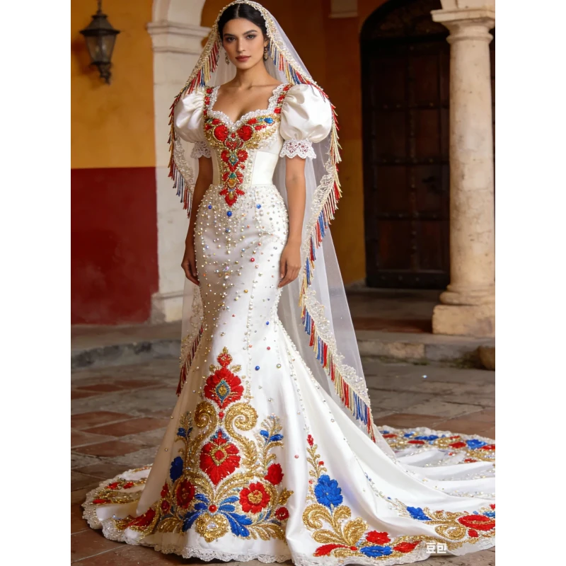Customized Luxury Elegant Princess  Mermaid Wedding Dresses Sweetheart Short Sleeved Pearl Embroidery Bridal Gown