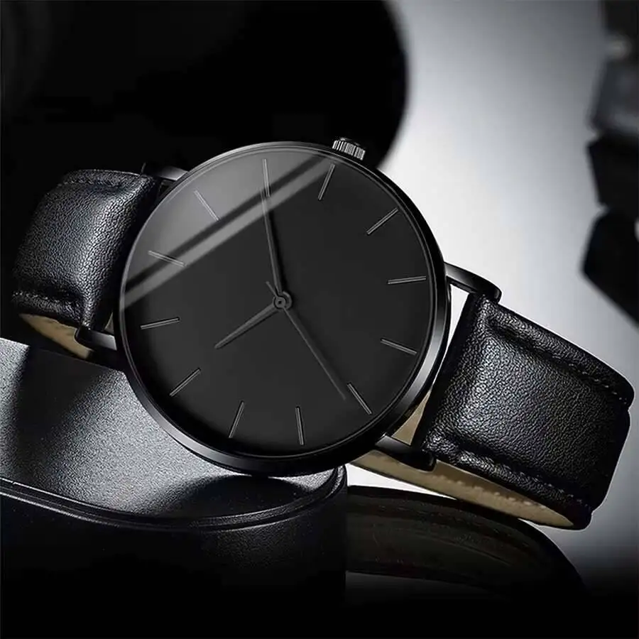 Men's Ultra-thin Dial Quartz Watch with Leather Band