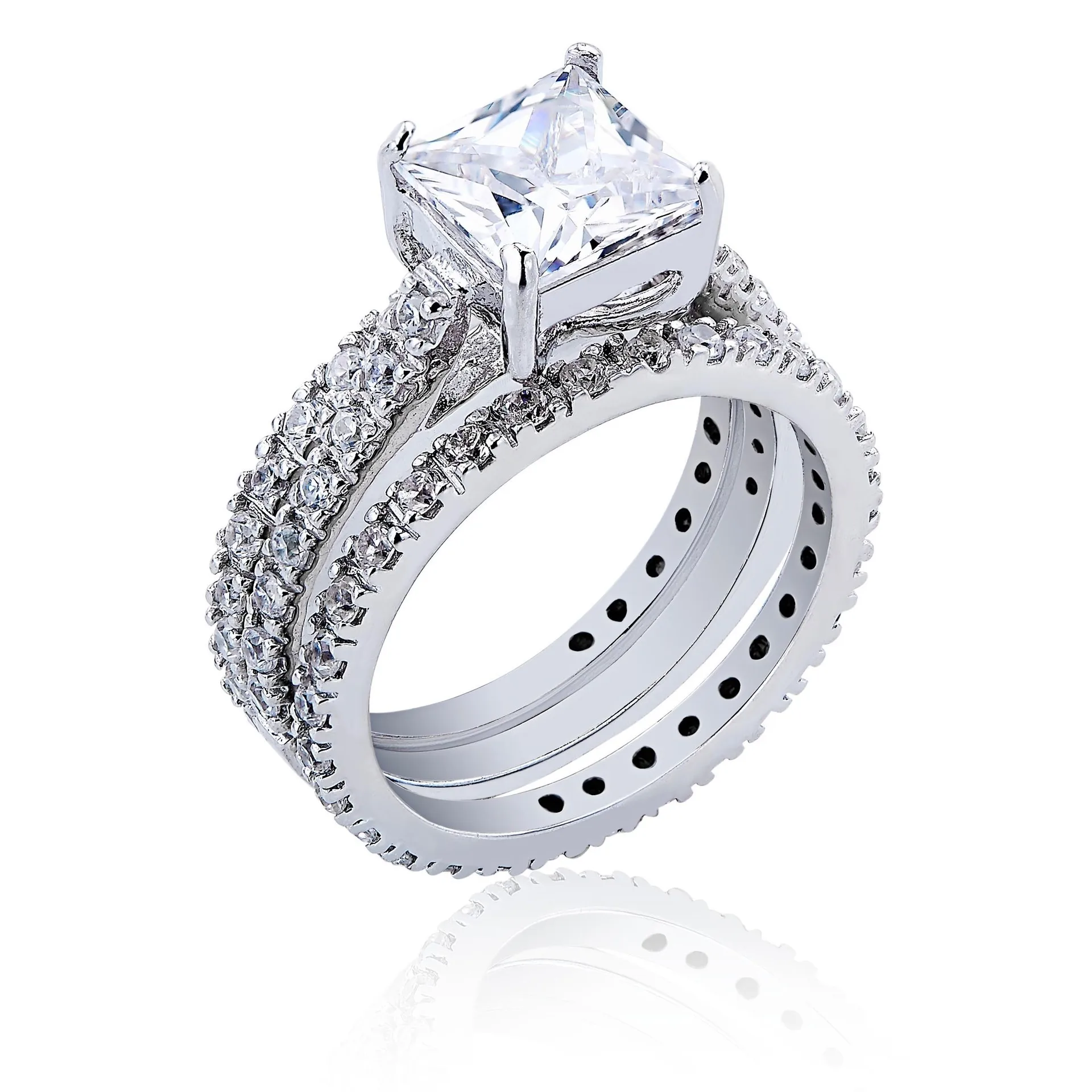 S925 Sterling Silver Ring New Mozzarella Diamond Full Circle Zircon Princess Square Three Sets Ring Combination