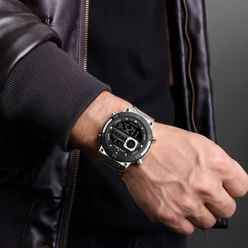 นาฬิกาข้อมือดิจิตอล NAVIFORCE สำหรับผู้ชาย ดีไซน์หรูหรา พร้อมไฟ LED แสดงผลในเวลากลางคืน กันน้ำ 3ATM สายสแตนเลสสตีล นาฬิกาสำหรับผู้ชาย