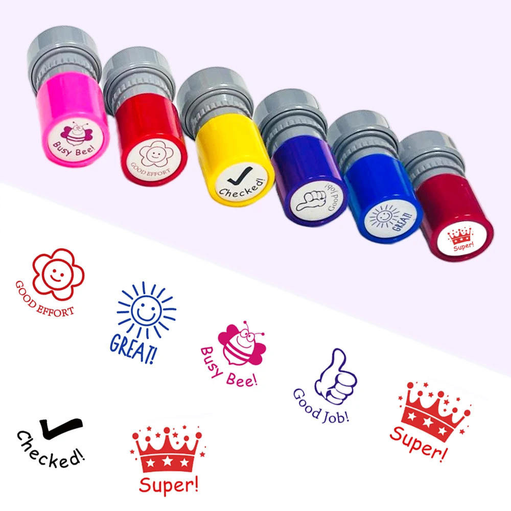 6 Pack Color Incentive Teacher Stamps, Teacher Comment Education Stamps-Bee, Crown Funny Pattern Stamp