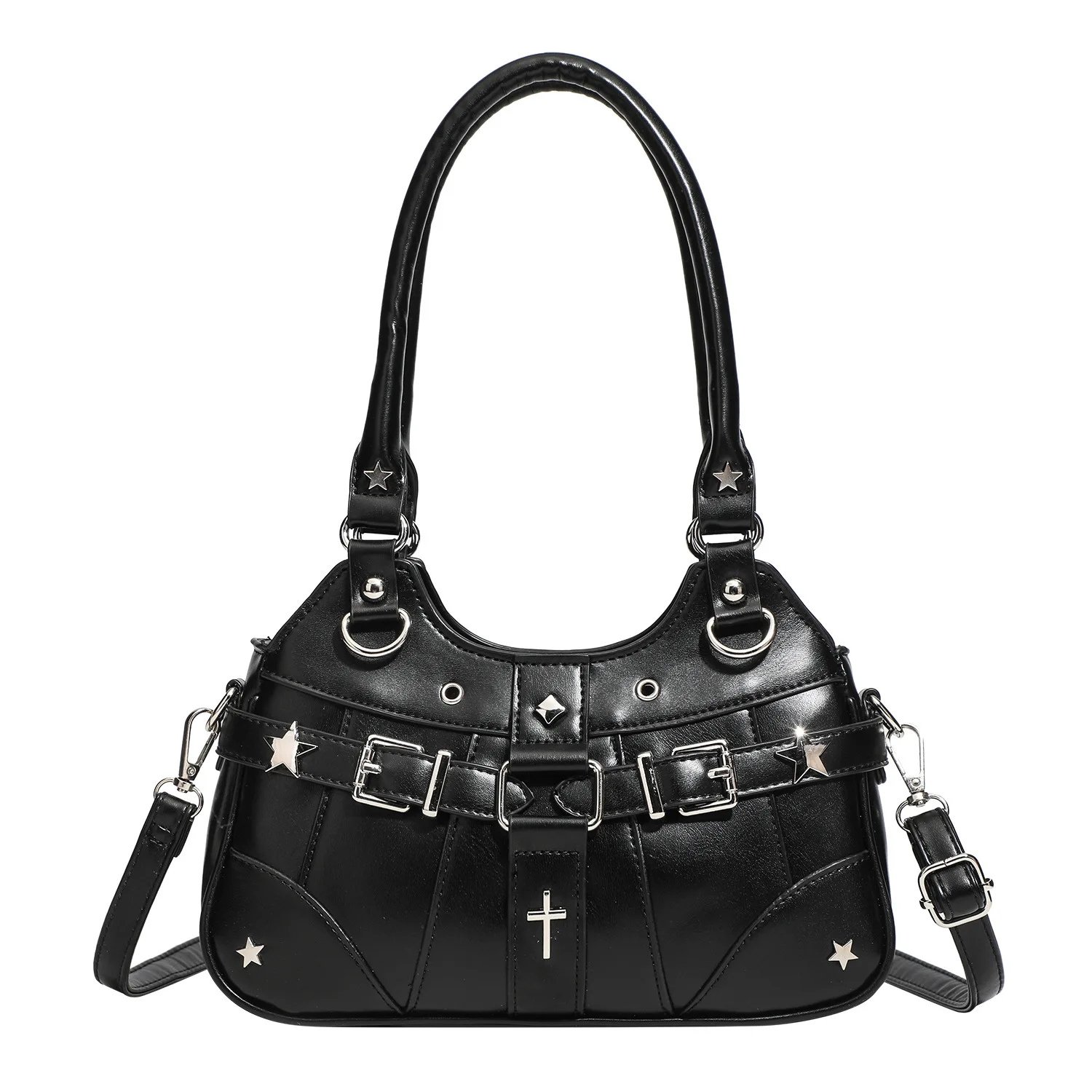 

Gothic Punk Star Cross Decor Satchels Shoulder Bag Ita PVC Crossbody Bags PU Leather For Women Girls