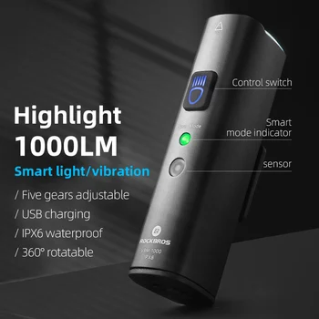 ROCKBROS 1000LM luz de bicicleta inteligente detección de luz de vibración luz delantera de bicicleta IPX6 tipo C MTB carretera faros de ciclismo