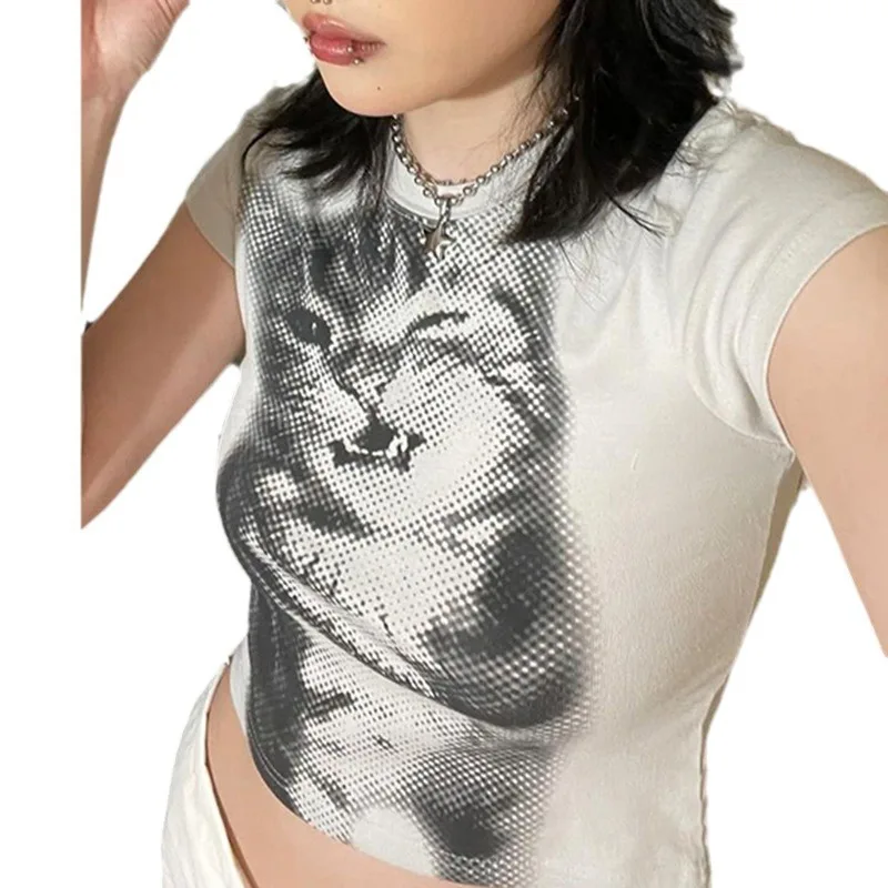 

Cute cat print solid color short-sleeved slim-fit T-shirt for women crop top with long sleeves and short sleeves; original style