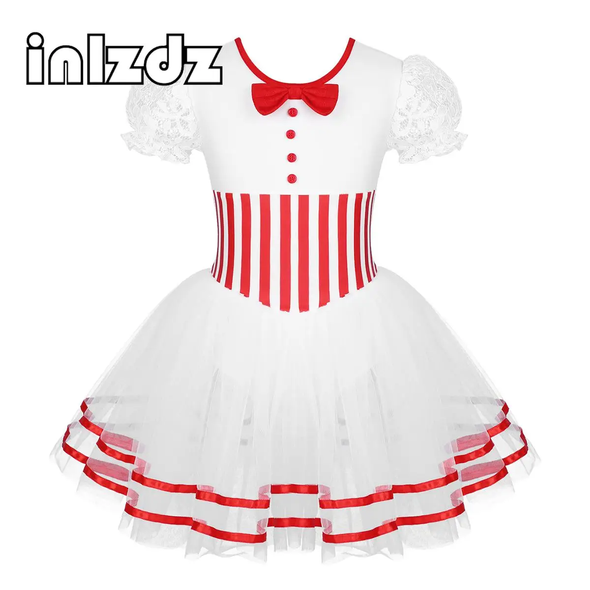 

Kids Girls Christmas Dance Costume Short Lace Puff Sleeves Twirling Princess Party Dress Figure Skating Leotard Dress Dancewear