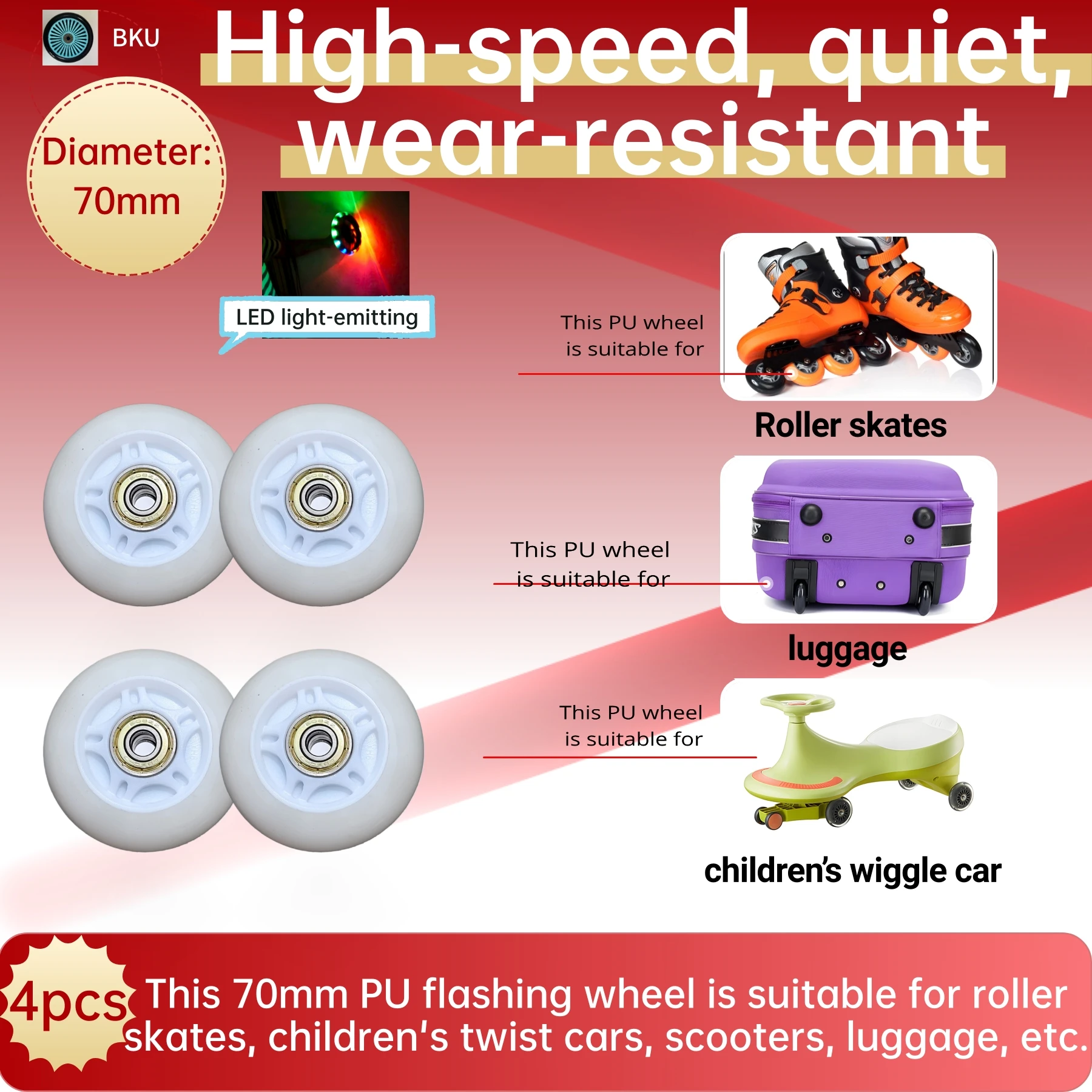 70mm PU Flashing Replacement Wheels (4-Piece), for Inline Skates, Scooters, Kids’ Bikes & Luggage