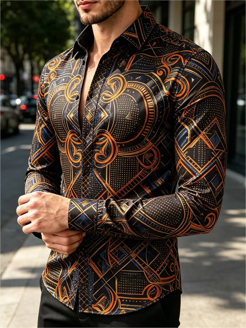 New Black Red Gold Geometric Splicing Pattern 3D Printed Long Sleeve Shirt Vintage Luxury Men's Shirt