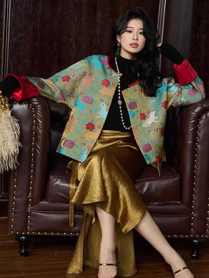 

New Year's New Style Women's Traditional Chinese Floral Jacket round Neck Long Sleeve Regular Fit Fashionable Ethnic Top