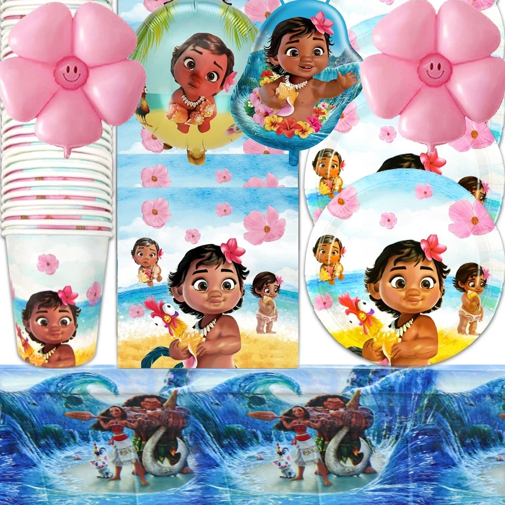 Moana Baby Girl Theme Tablecover Gifts Bag Plates Cupcake Topper Balloons Happy Birthday Party Napkins Decoration Hanging Banner