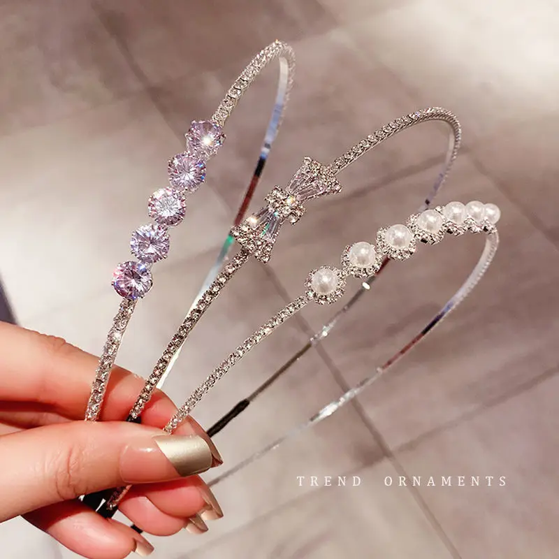 Korean Rhinestone Thin Hair Band for Women with Pearl Detail Full Diamond Daily Outdoor Use Simple Elegant Hair Tools