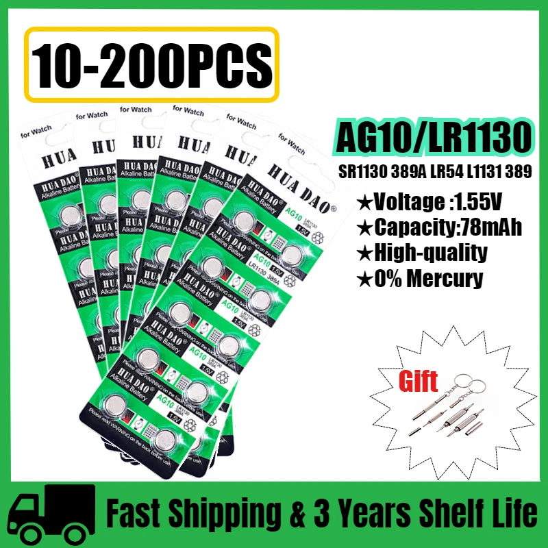 10-200PCS AG10 LR1130 1.55V Button Battery LR 1130 SR1130 389A LR54 L1131 For WatchFlashlight Calendar Toys Alkaline Battery