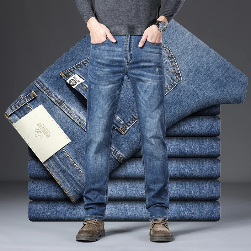 

Spring Autumn Mens Classic Jeans Washed Stretch Straight Business Male Pants Office Fashion Brand Clothes Casual Denim Trousers