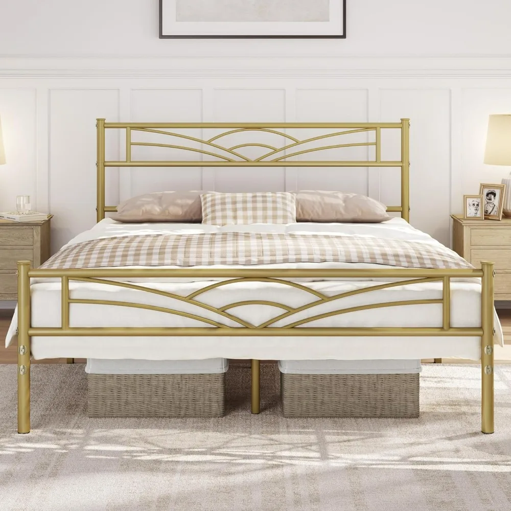 

Queen Size Bed Frames Metal Platform Bed Mattress Foundation with Cloud-Inspired Design Headboard/Footboard/Ample Under Bed