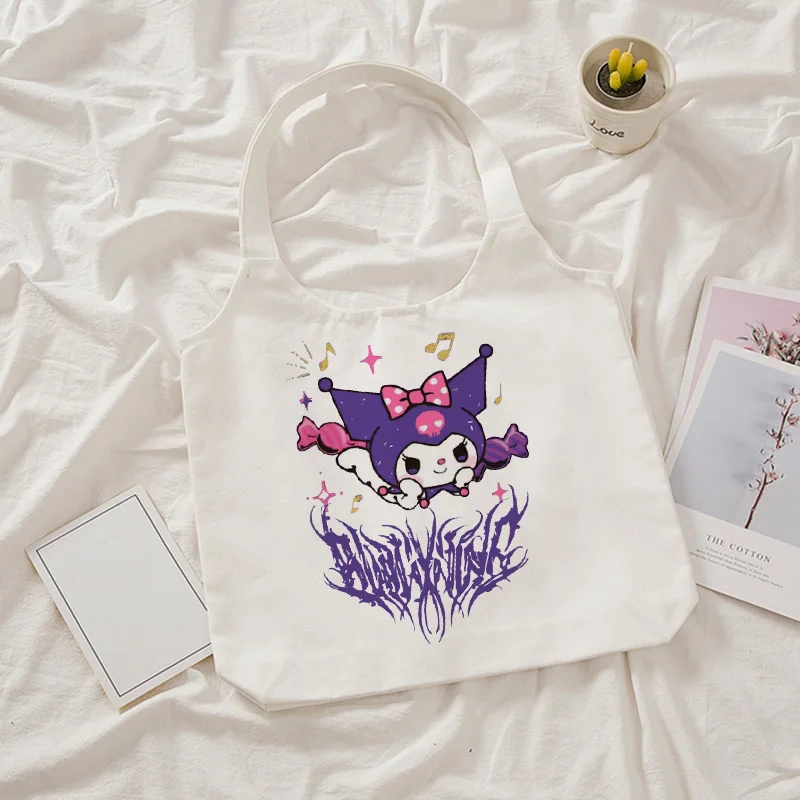 Hip Hop Woman Kuromi Tote Bag Shopper Canvas Shoulder Bag Eco Sanrio Harajuku Casual Shopping Bag Women Tote Female