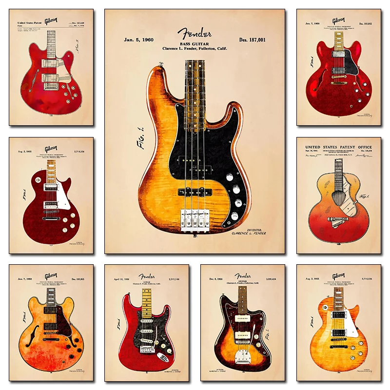 Acoustic Electric Guitar Blueprint Fender Stratocaster Music Poster Print Wall Art Pictures Canvas Painting Room Home Decor