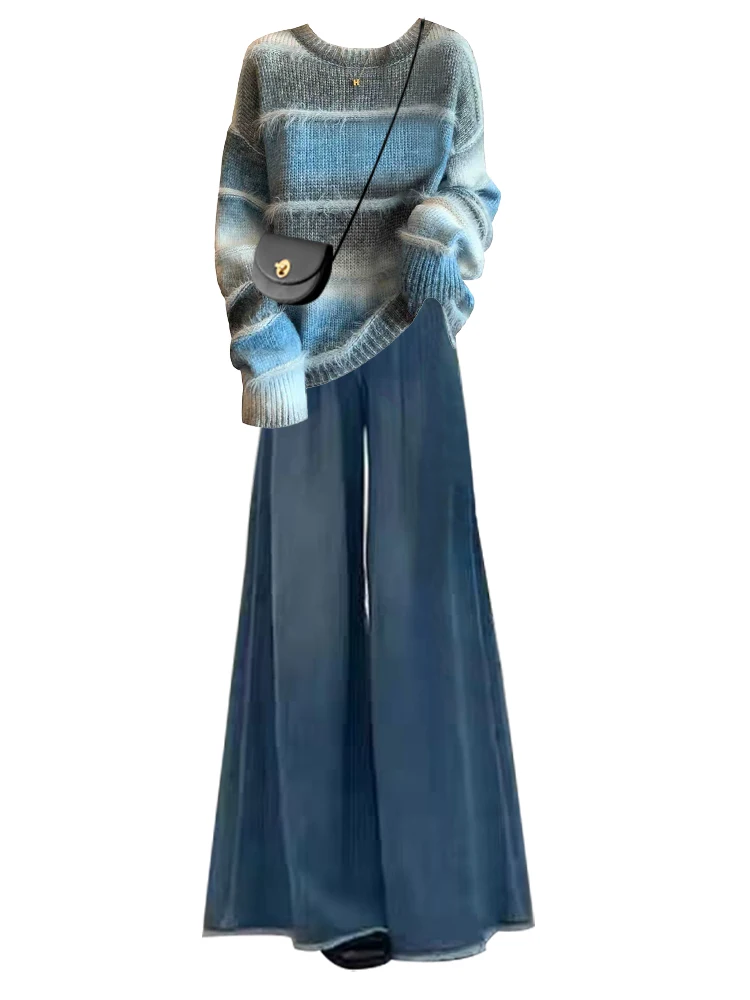 Faionable outono inverno azul dopane conjunto feminino ele cor blo redondo ne camisola perna larga emagrecimento jeans combinação