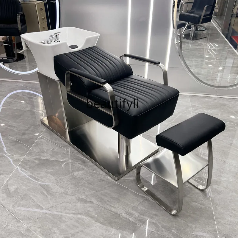 New Barber Shop High-Grade Shampoo Chair for Hair Salon Stainless Steel Ceramic Basin Shampoo Lying Half Flushing Bed