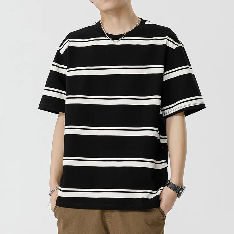 2025 Summer Teen Short Sleeve Striped T-Shirt Male Casual Loose Boys Half Sleeve T-Shirt