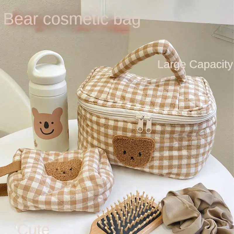 Cute Bear Makeup Pouch Large Capacity Portable Cosmetic Box Checkerboard Lattice Women Case Bags Female Storage Make Up Cases