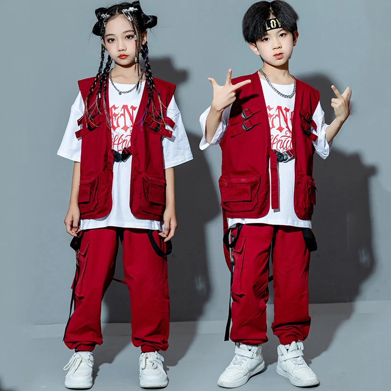 Children Street Dance Hip Hop Clothing For Kids Red Loose Vest Hiphop Pants Suit Girls Boys Jazz Modern Dance Costumes DQS13352