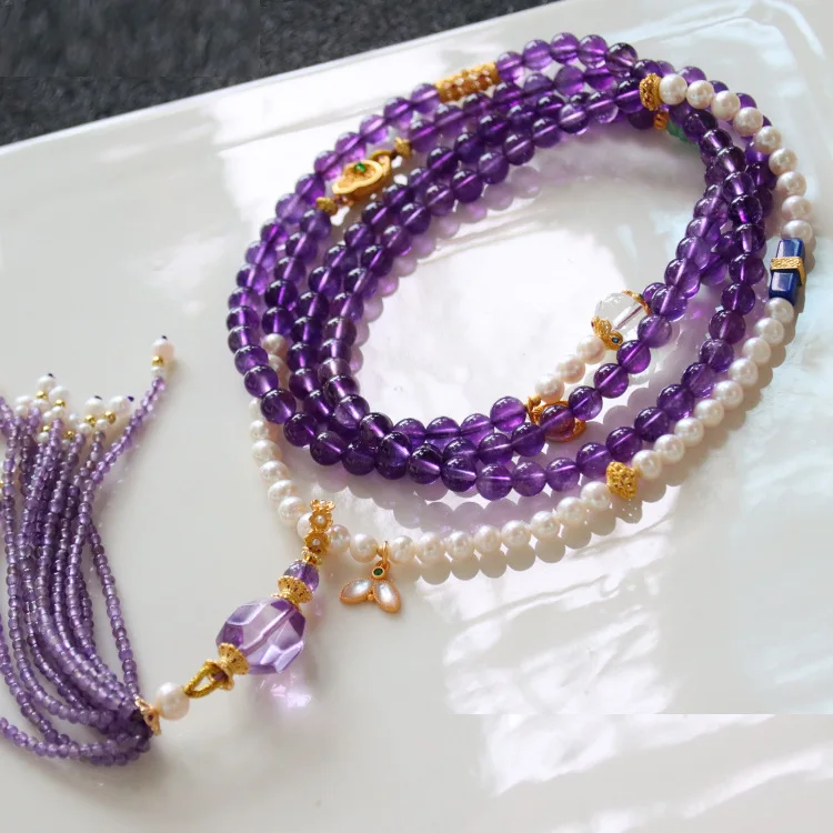 Natural Amethyst Diagonal Chain Freshwater Pearl Accessories Duobao Diagonal Long Chain Fashionable Chinese Style Jewelry