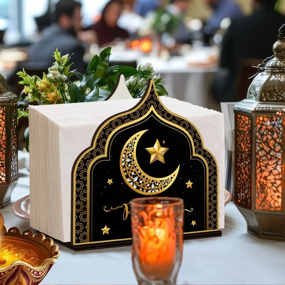 

Wooden Eid Mubarak Tissue Box Anti-slip Large Capacity Tissue Storage Box Decorative Tissue Dispenser Table Decor