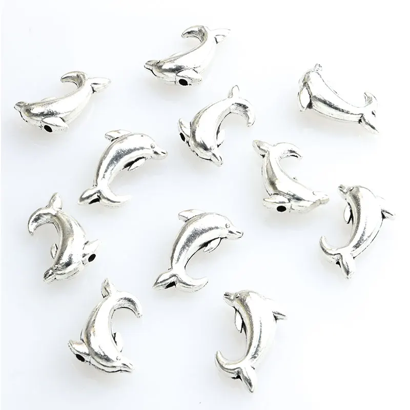 20pcs Cute Dolphin Antique Silver Color Alloy Beads 0.7mm Small Hole Animal Metal Bead DIY Jewelry Bracelet Necklace Accessories