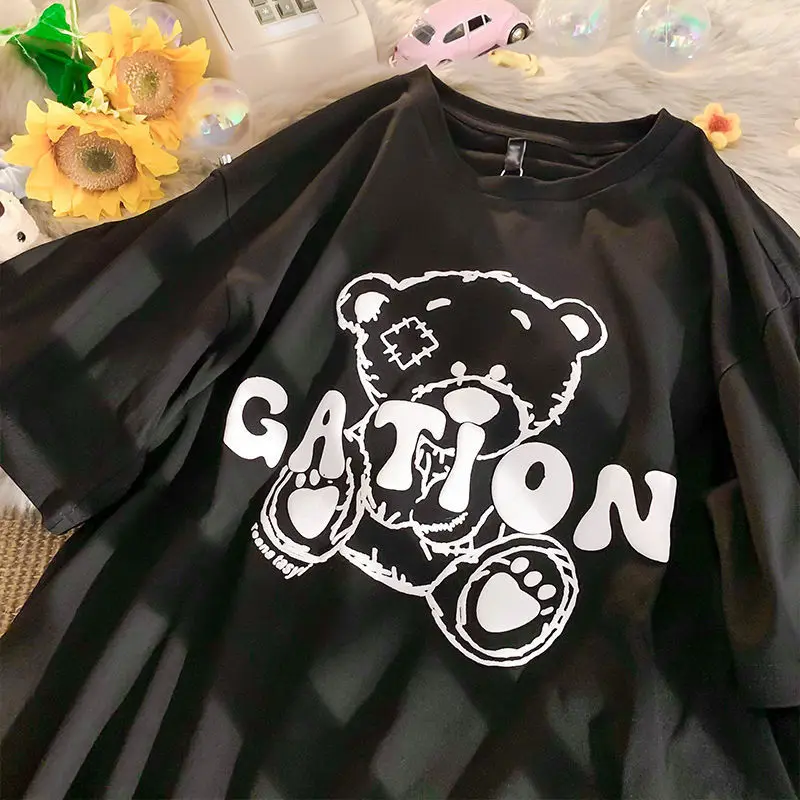 Japanese Niche Bear Print Short-sleeved T-shirt Women's Trendy Brand Loose All-match Girls Couple Half-sleeve Tops for Women