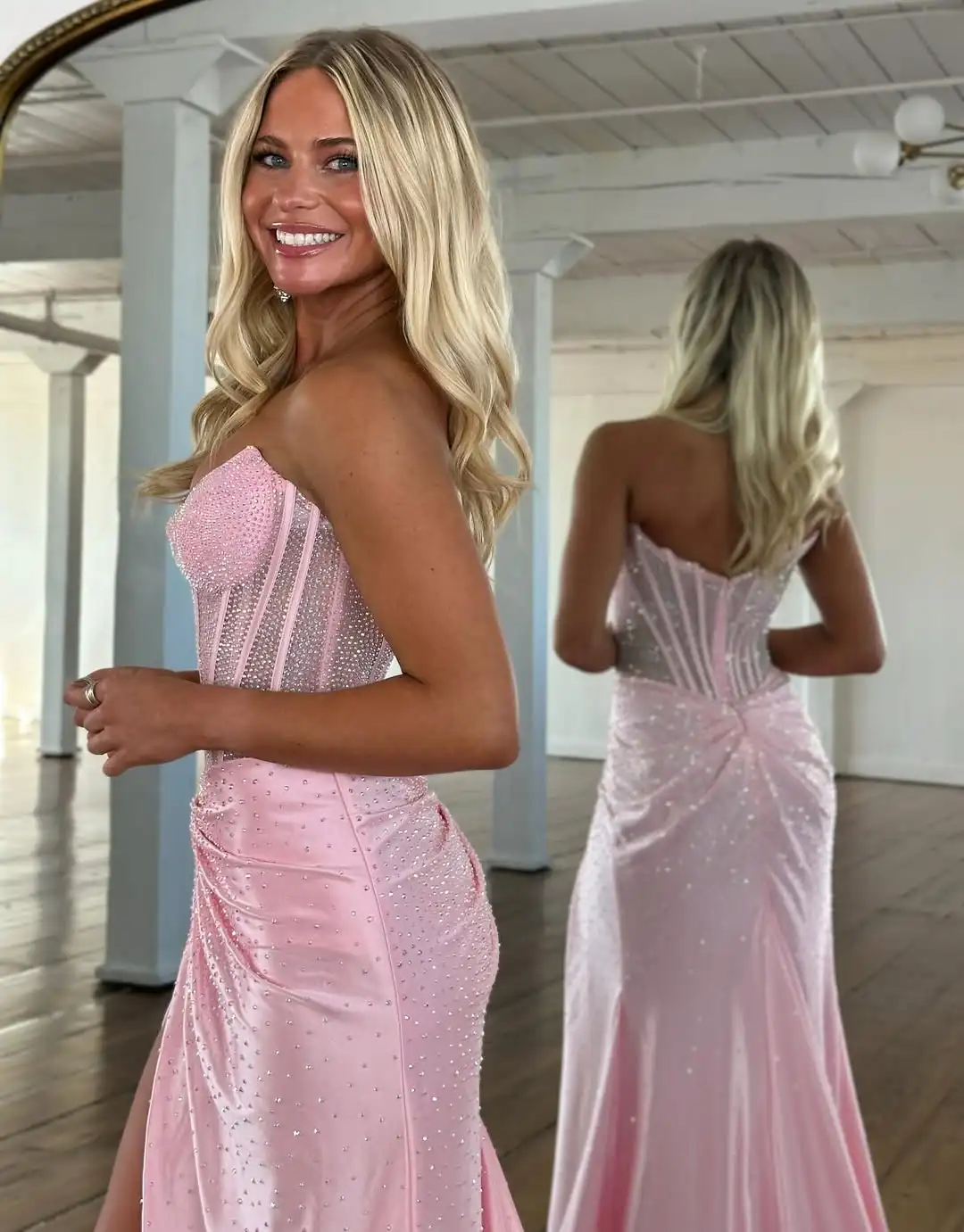 تصميم جديد فاخر متلألئ الديكور كريستال هيكل السمكة مساء اللباس الجانب الشق الخصر مطوي الوهم حفلة موسيقية اللباس الرسمي #3