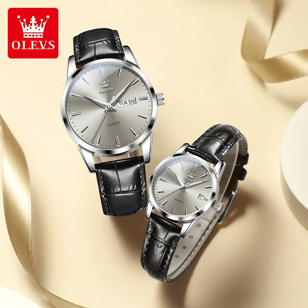 OLEVS Couple Watch Original Classic Quartz Watches Waterproof Luminous Date Week Watches for Couples Leather Strap Reloj 6898