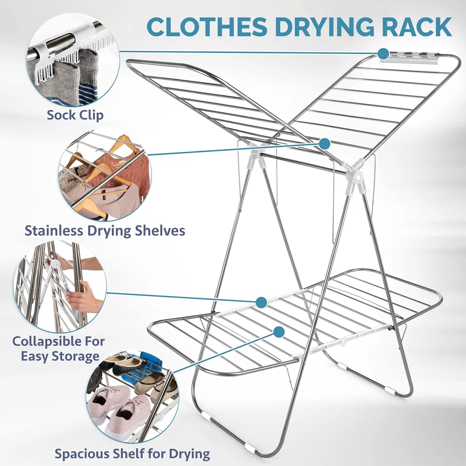 Free Standing with Height Adjustable Wings, Stainless Steel, Sock Clips, Towel Rack, Clothes, White