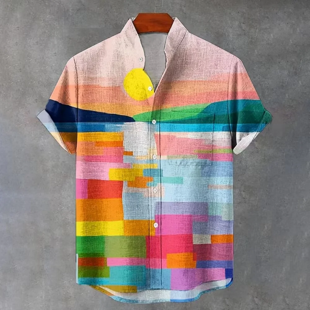 New Colorful Geometric Color Blocks Sunrise Landscape Oil Painting Printed Men's Short sleeved Casual Shirt
