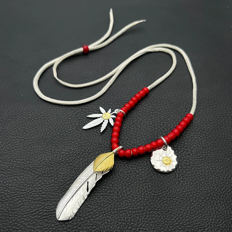 Hemp Leaf Feather Medallion Deerskin Necklace Handmade Lampwork Beads Silver Plated Goros Tribal Boho Vintage Biker Jewelry