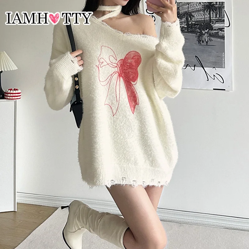 

IAMHOTTY Y2K Bow Print Oversized Sweater White Cute Korean Style Loose Criss-cross Halter Knitted Pullovers Fall Winter Jumpers