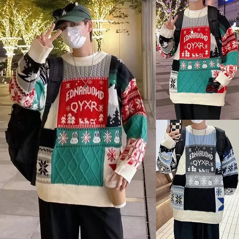 

Новинка 2025 года, вязаный цветной свитер, мужской круглый свитер с вышивкой на Хэллоуин, свободный ленивый слей, зимняя мода, повседневный трикотаж