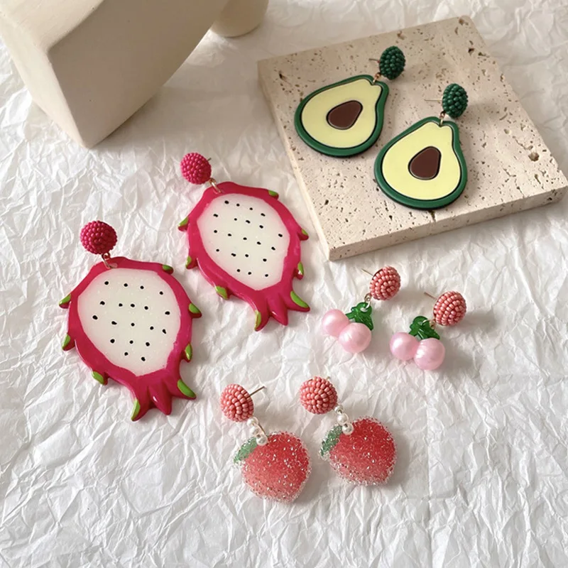 Fashion Acrylic Fruit Lemon Strawberry Dangle Earrings For Women Charm Food Simulated Pitaya Orange Earrings Jewelry Accessories