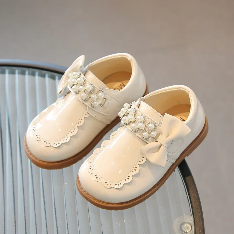 Girls Princess Dance Shoes Fashion Kids Wedding Party Pearl PU Leather Shoes Soft Sole Non Slip Children Lace Mary Jane Shoes