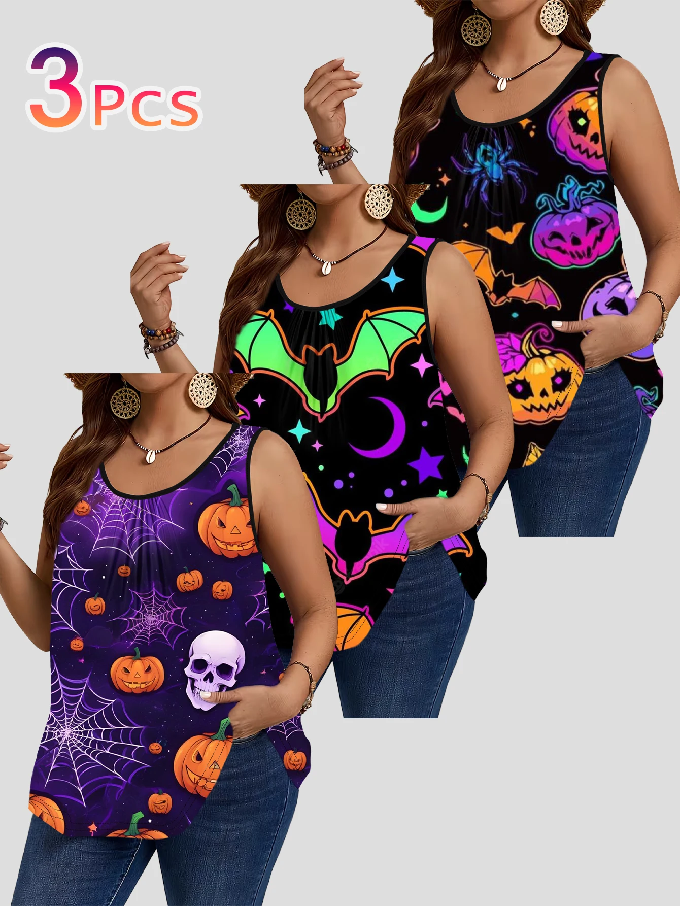 3-Piece Set of Plus-Size Women's Purple Starry Sky Skeleton Pumpkin Spider Web Halloween All-Over Print Tank Top, Round Neck Loose Sleeveless Top