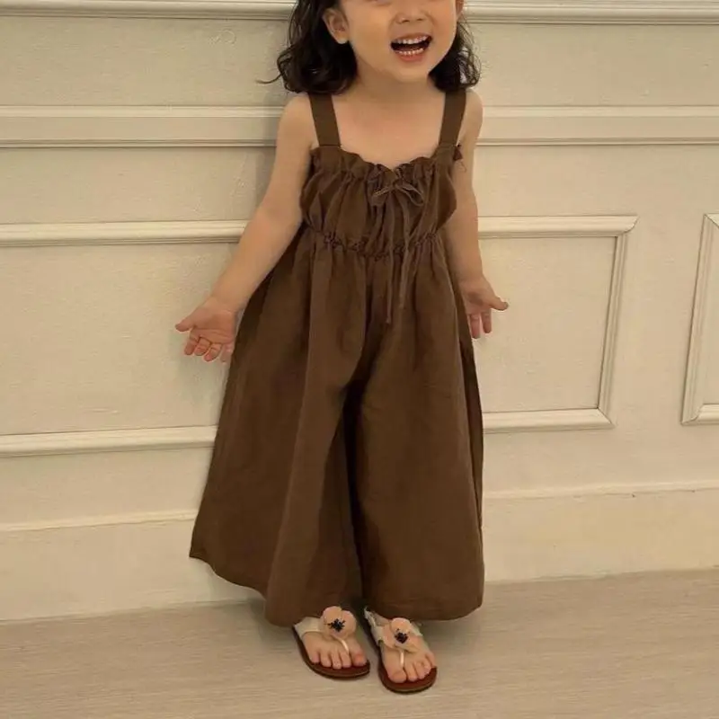 

2025 Summer New Girls Fashion Sling Wide Leg Pants Cotton Children Casual Overalls Kids Jumpsuit Solid Baby Girls Loose Trousers