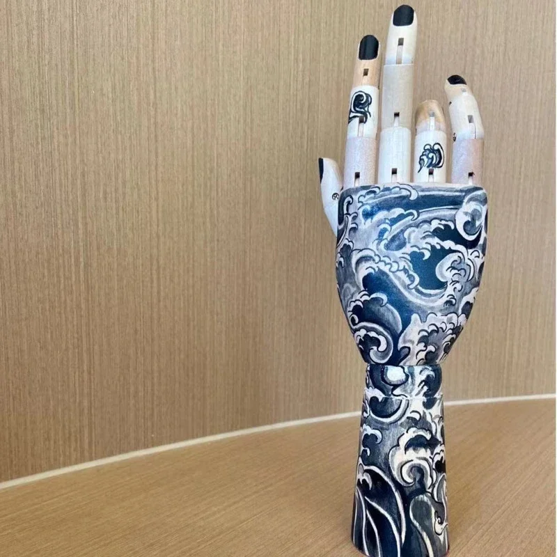 2023# Tattoo Wooden Hand Ornament Hand Joint Finger Figurine Kanagawa Surf Painting Hand Movable Art Wooden Hand Joint Doll