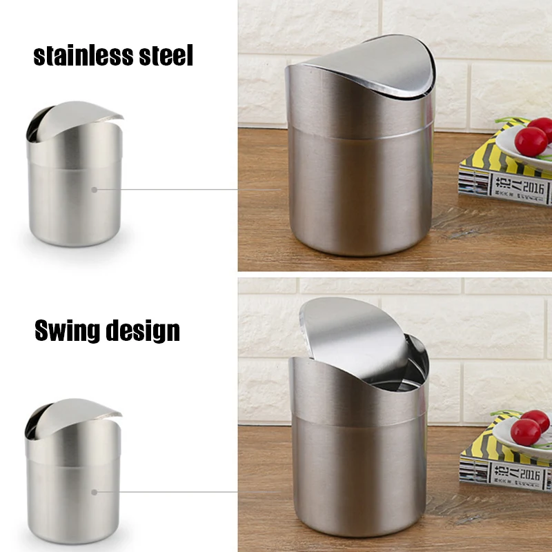 Stainless Steel Small Mini Trash with Swing Top Lid Countertop Trash Cans for Desk Car Office Kitchen