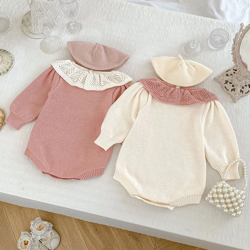 2024 New Autumn Baby Girl Knitted Clothing Toddler Baby Girl Knitted Romper Long Sleeved Splicing Infant Baby Girls Jumpsuit