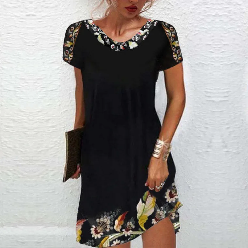 

Women's new summer mid-waist loose printed ethnic style retro casual short-sleeved knee-length dress