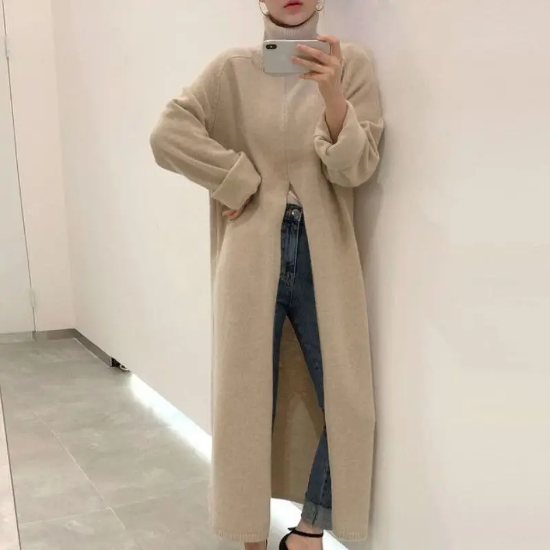 Autumn And Winter Design High Neck Pullover Loose Casual Slit Knee Length Knitted Sweater For Women